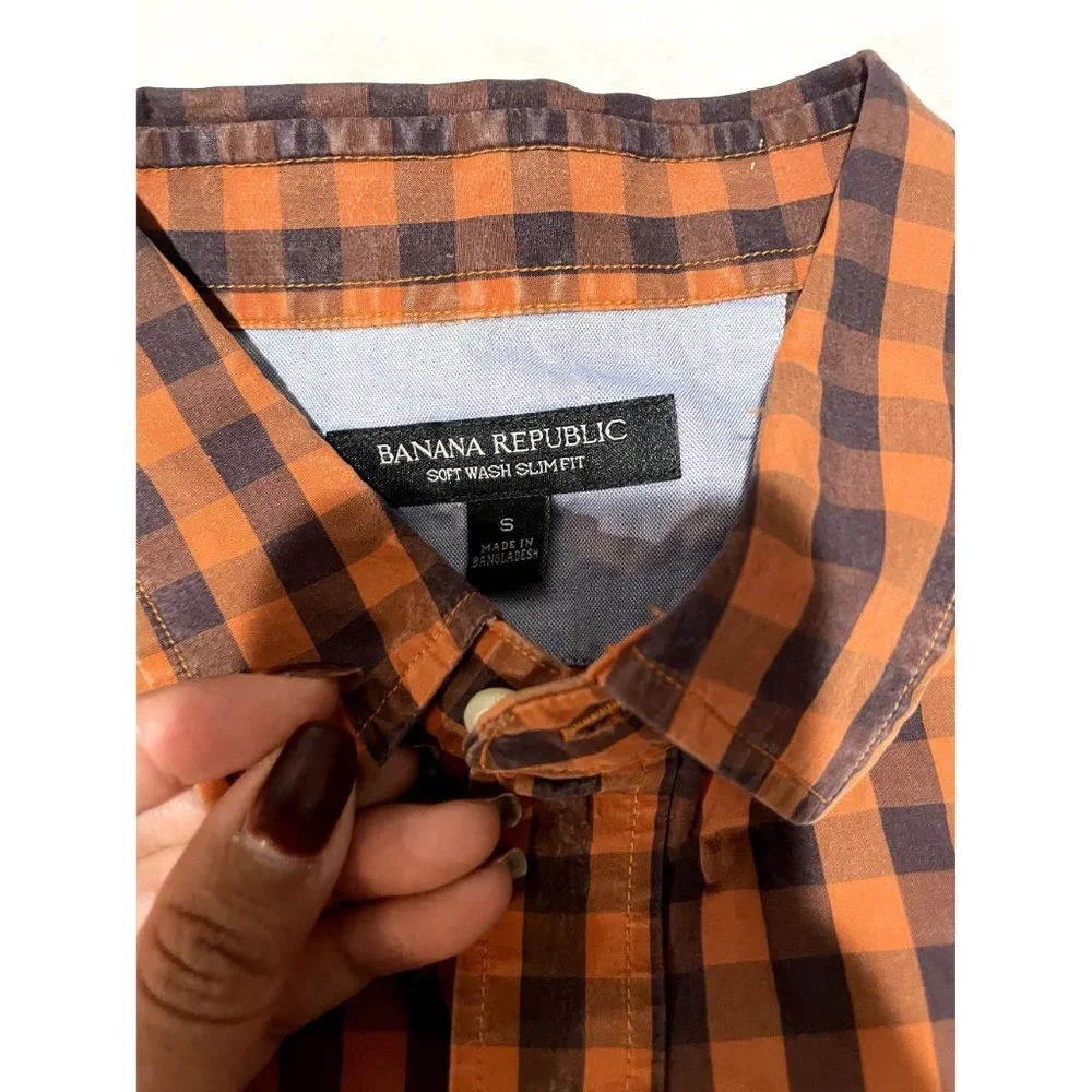 Banana Republic Soft Wash Slim Fit Shirt Mens Small Orange Brown Gingham Check u
